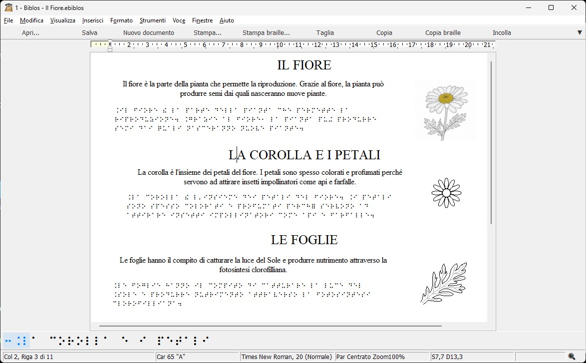 Biblos in azione con testo, braille e tattile per la scuola