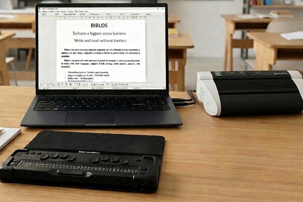 Interfaccia di Biblos integrata con dispositivi Braille in un ambiente professionale.