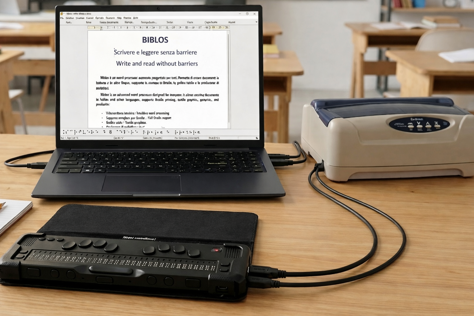 Interfaccia di Biblos integrata con dispositivi Braille in un ambiente professionale.